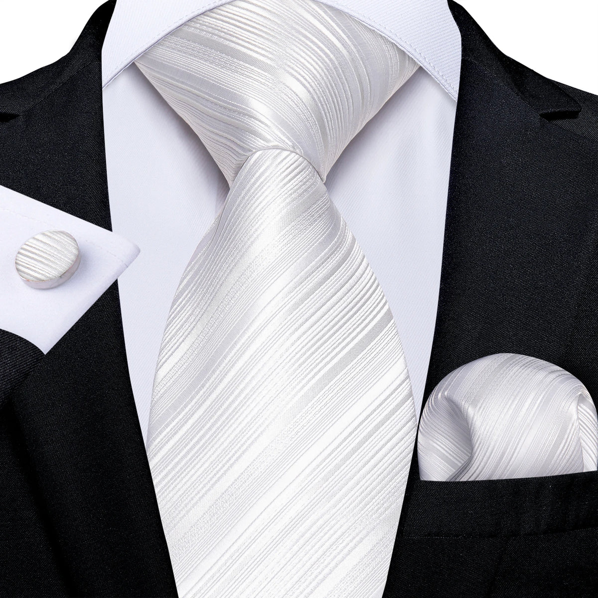 White Silver Paisley Hanky Cufflink Tie Set
