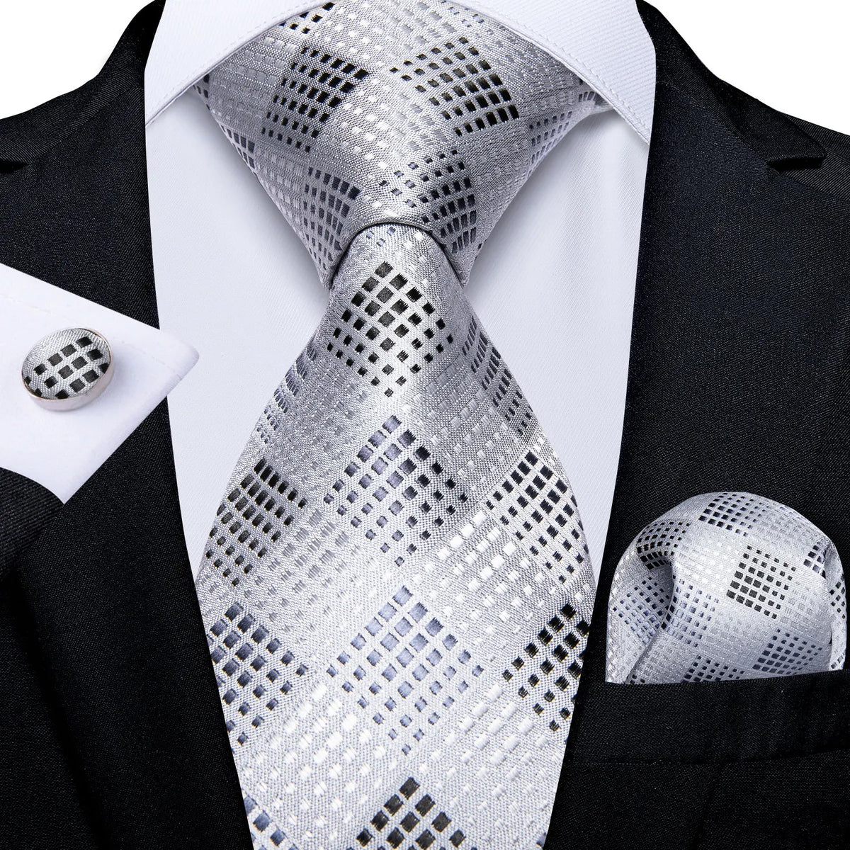 White Silver Paisley Hanky Cufflink Tie Set