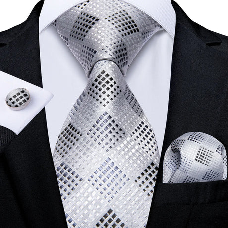 White Silver Paisley Hanky Cufflink Tie Set