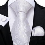 White Silver Paisley Hanky Cufflink Tie Set