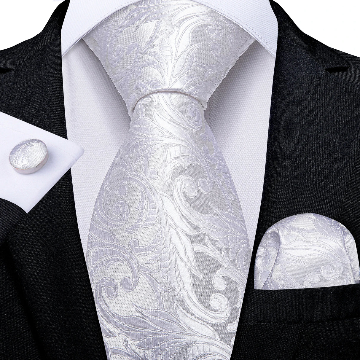 White Silver Paisley Hanky Cufflink Tie Set