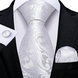 White Silver Paisley Hanky Cufflink Tie Set
