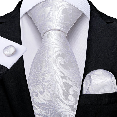 White Silver Paisley Hanky Cufflink Tie Set