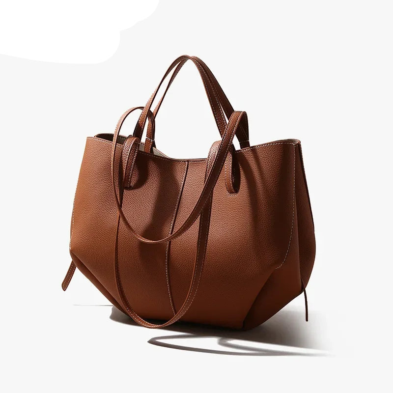 Woman Casual Tote Large Capacity Leather Handbag brown