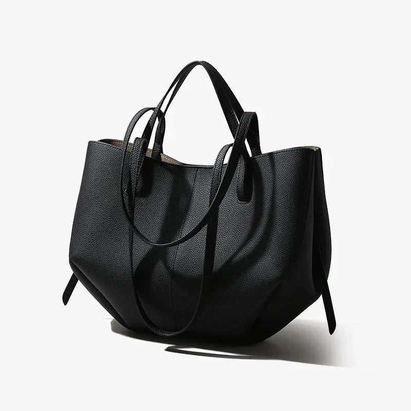 Woman Casual Tote Large Capacity Leather Handbag black
