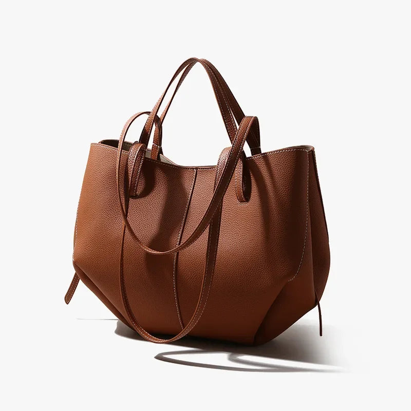 Woman Casual Tote Large Capacity Leather Handbag brown