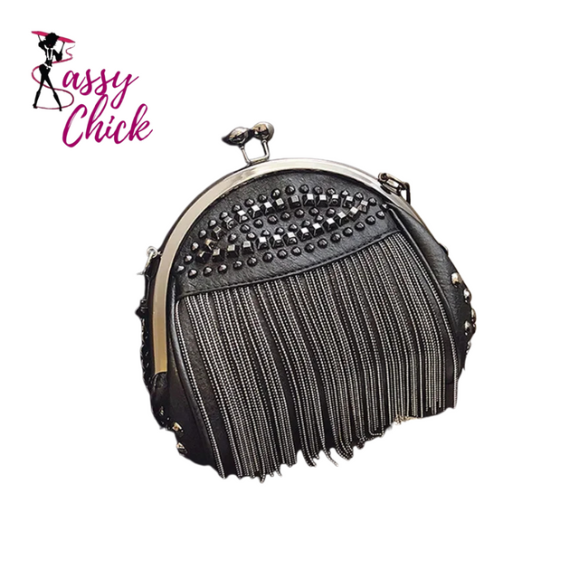 black tassel handbag with sassy chick logo