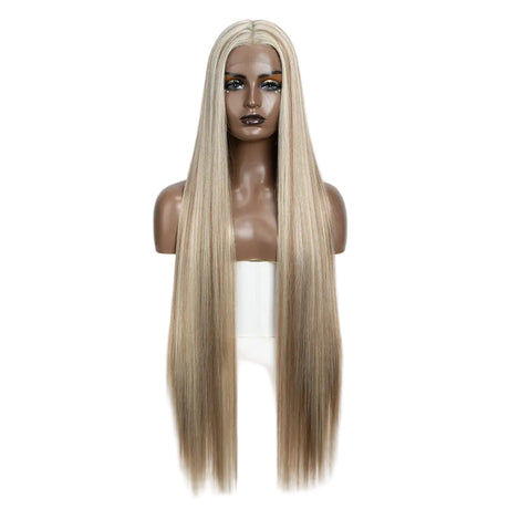 Blonde Women 38 Inch Long Straight  Synthetic Lace Frontal Wig