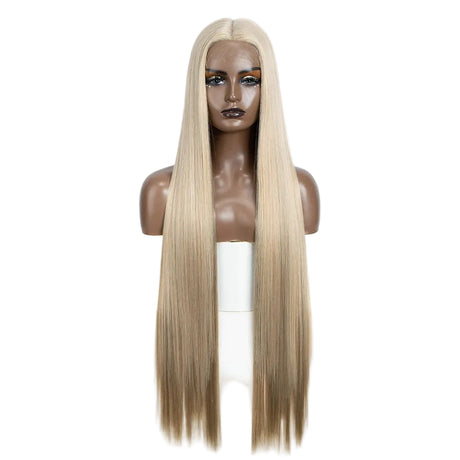 Blonde Women 38 Inch Long Straight  Synthetic Lace Frontal Wig