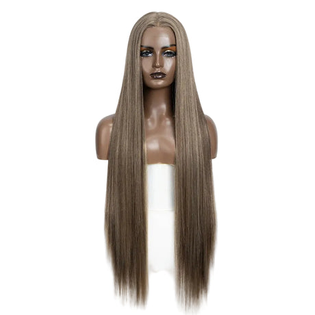 Blonde Women 38 Inch Long Straight  Synthetic Lace Frontal Wig