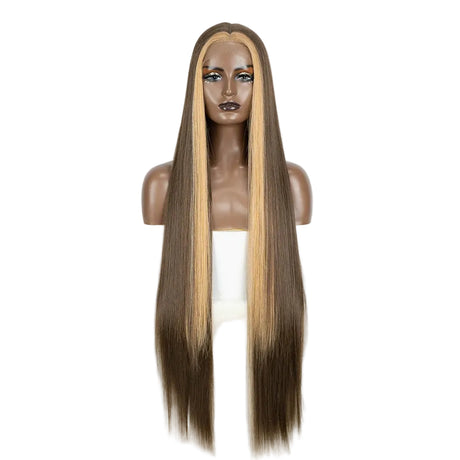 Brown Women 38 Inch Long Straight  Synthetic Lace Frontal Wig
