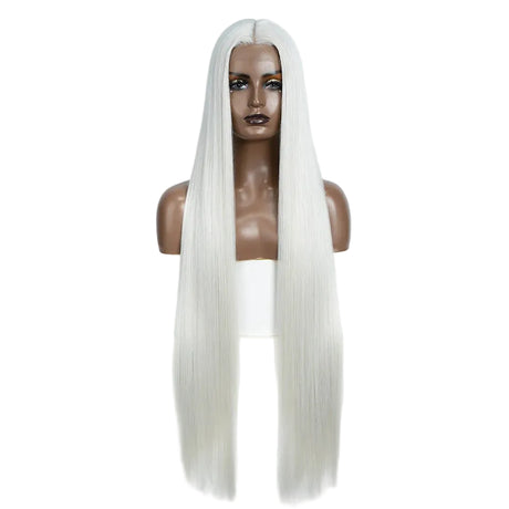 White Women 38 Inch Long Straight  Synthetic Lace Frontal Wig