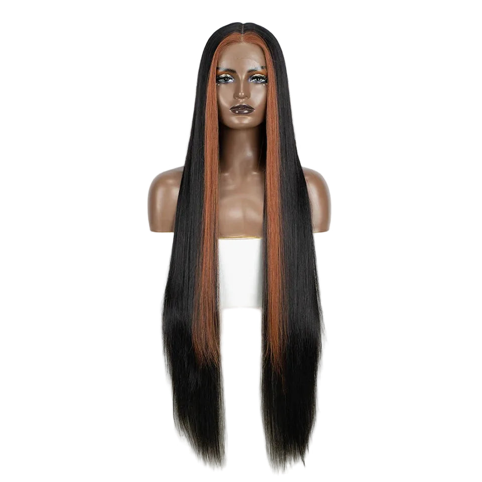 Black Orange Women 38 Inch Long Straight  Synthetic Lace Frontal Wig