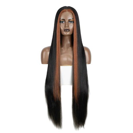 Black Orange Women 38 Inch Long Straight  Synthetic Lace Frontal Wig