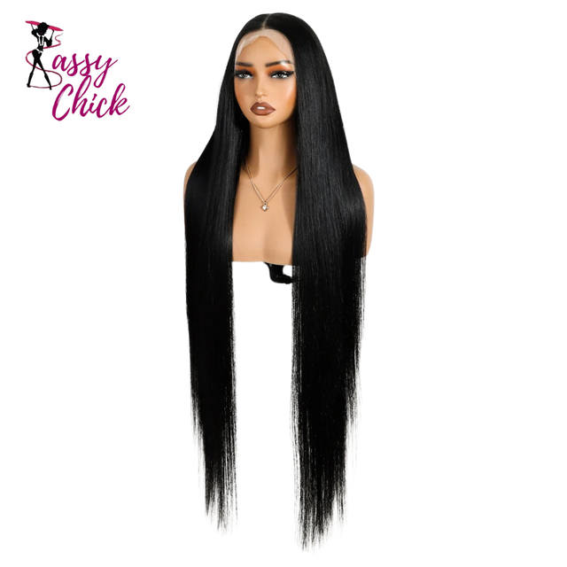 Women 38 Inch Soft 13X4 Long Straight Synthetic Wigs Sassy Chick Logo