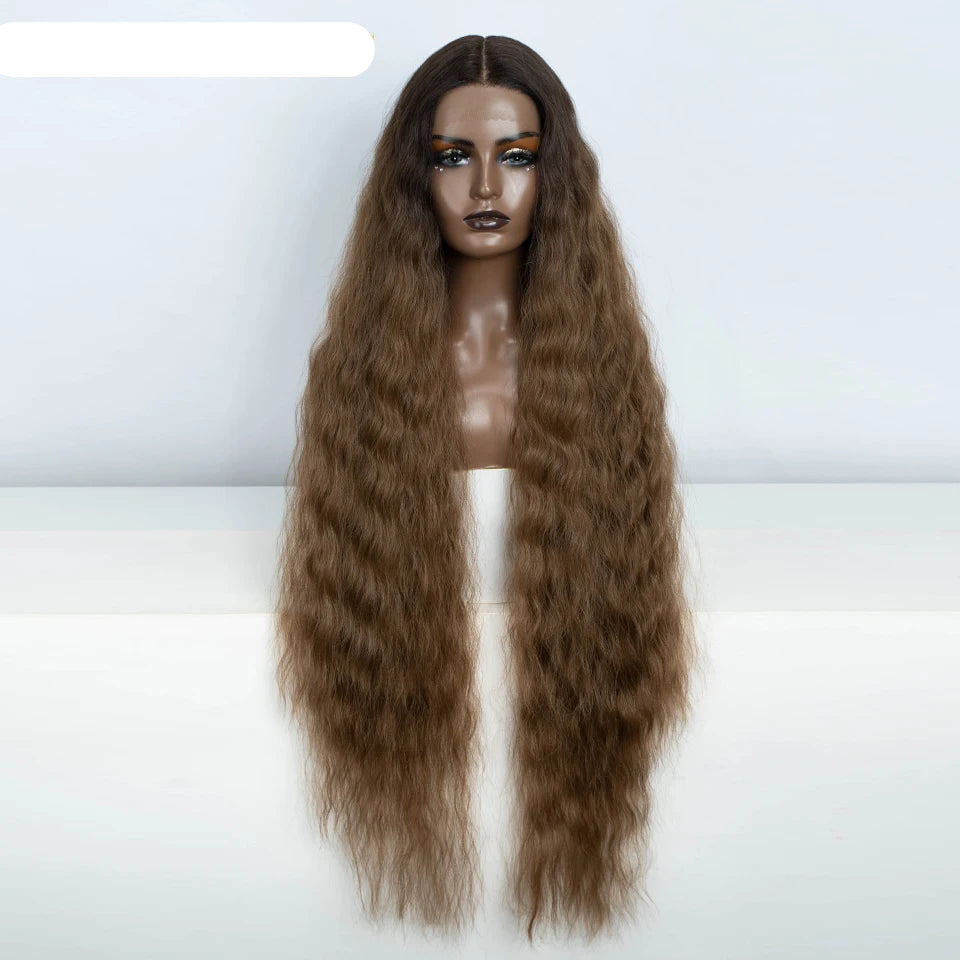 Brown Women 42 Inch Long Curly Lace Synthetic Lace Frontal Wig