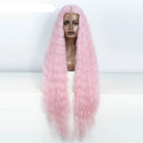 Pink Women 42 Inch Long Curly Lace Synthetic Lace Frontal Wig