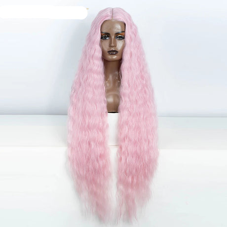 Pink Women 42 Inch Long Curly Lace Synthetic Lace Frontal Wig
