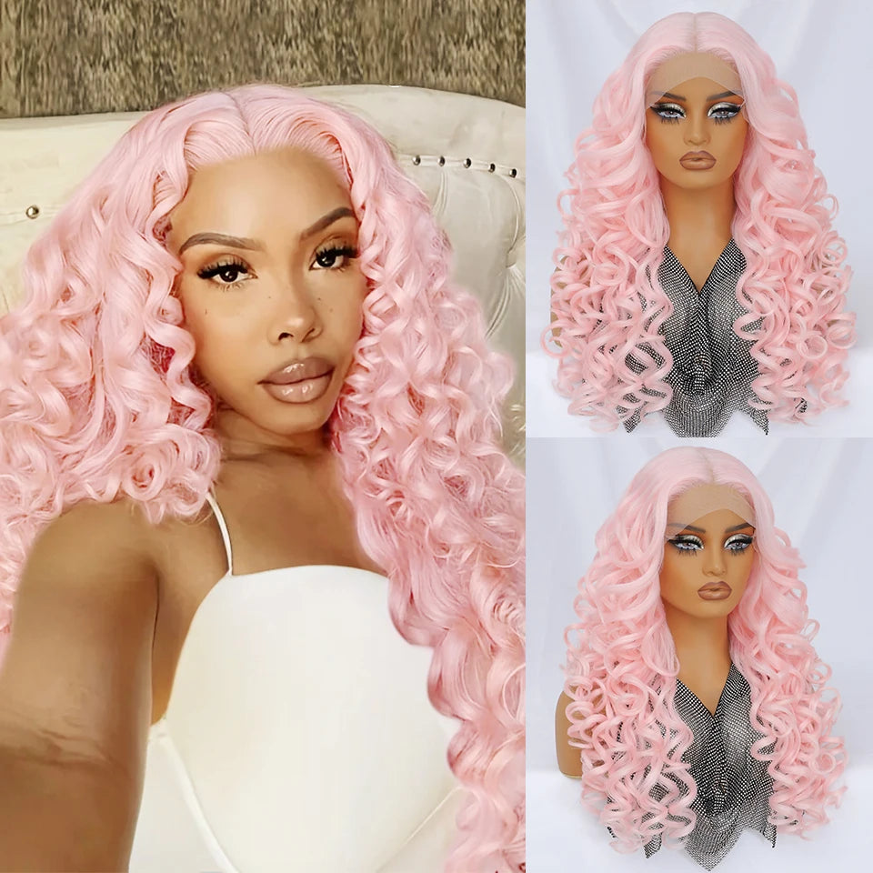 Pink Women Curly Afro Lace 24Inch Latisha Synthetic Wig