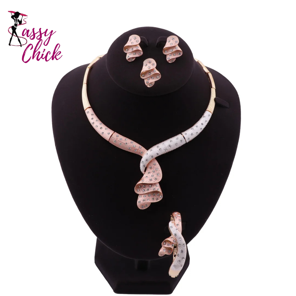 Women Gold Color Crystal Wedding Jewelry Set Sassy Chick Logo