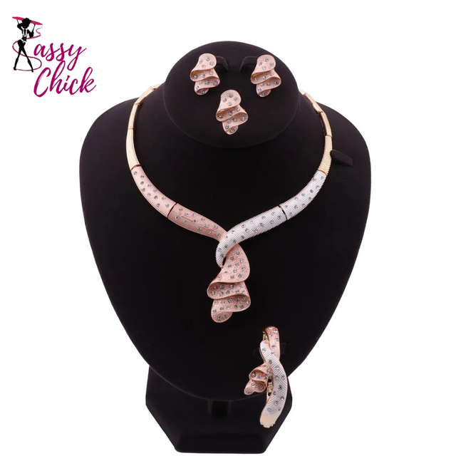 Women Gold Color Crystal Wedding Jewelry Set Sassy Chick Logo