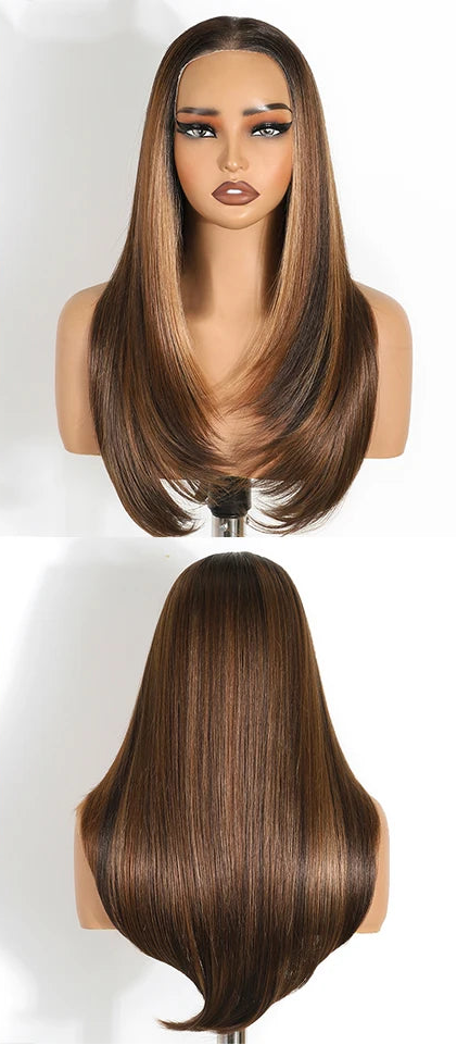 Brown Women Straight 9x6 Pre Plucked Layered Synthetic Lace Front Wigs