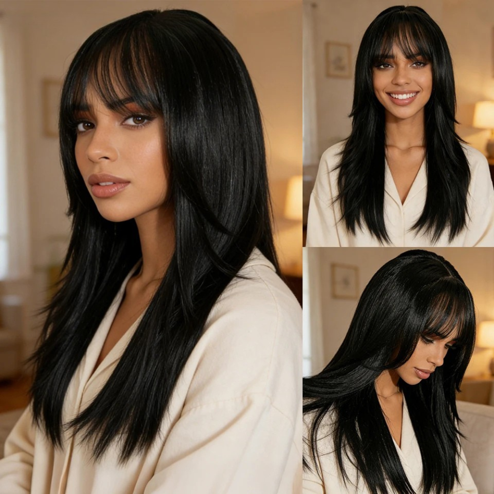 Black Women Straight Layered Bangs 20 Inch Synthetic Wigs
