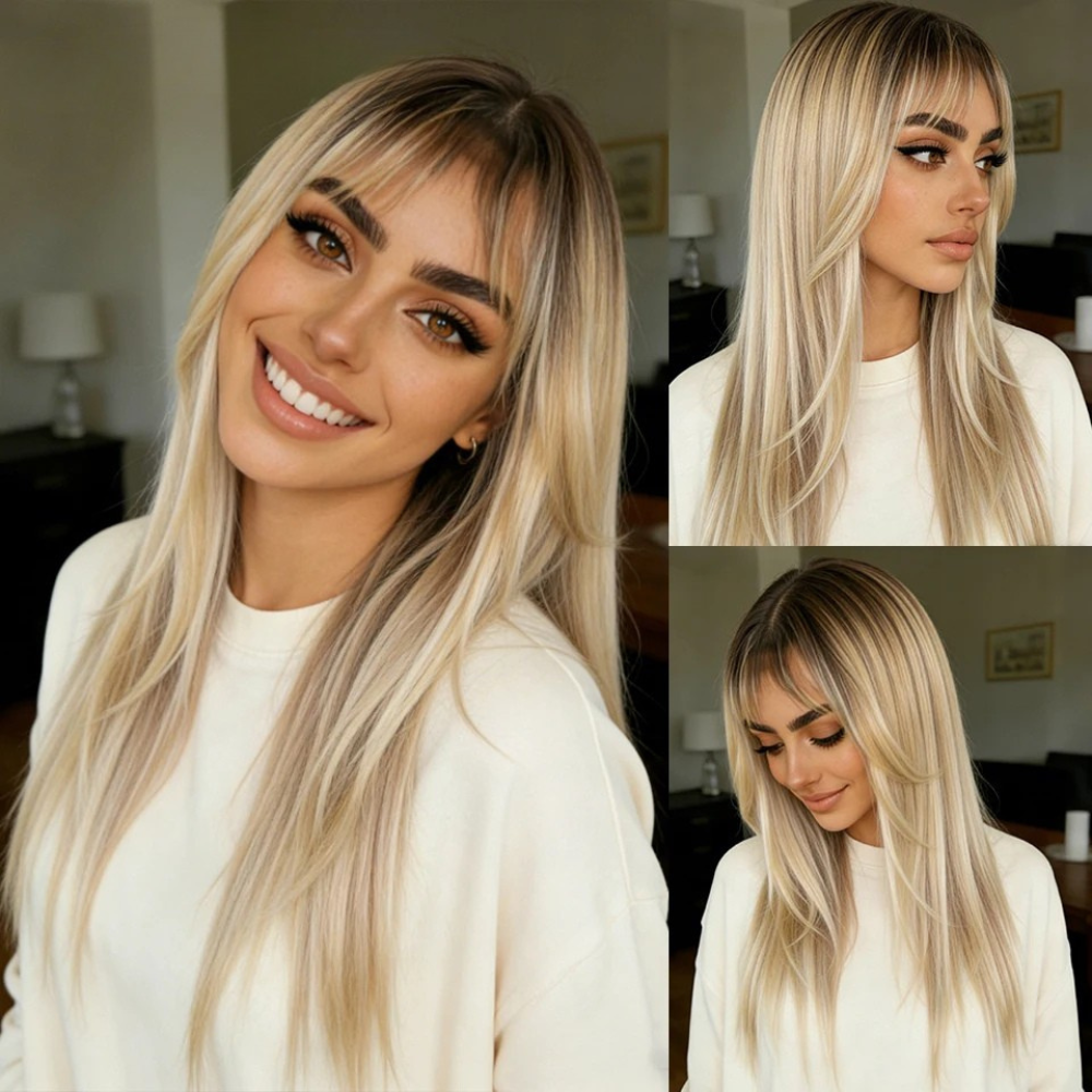 Blonde Women Straight Layered Bangs 20 Inch Synthetic Wigs