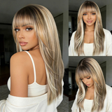 Blonde Women Straight Layered Bangs 20 Inch Synthetic Wigs