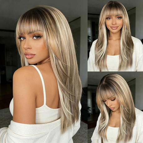 Blonde Women Straight Layered Bangs 20 Inch Synthetic Wigs
