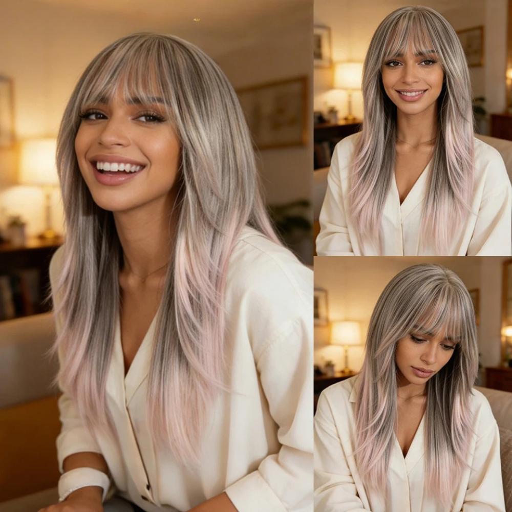 Gray Women Straight Layered Bangs 20 Inch Synthetic Wigs