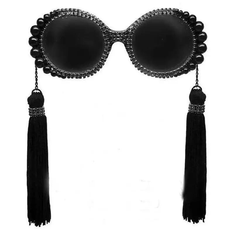 Women Tassel Pearl Rhinestones Round Sunglasses