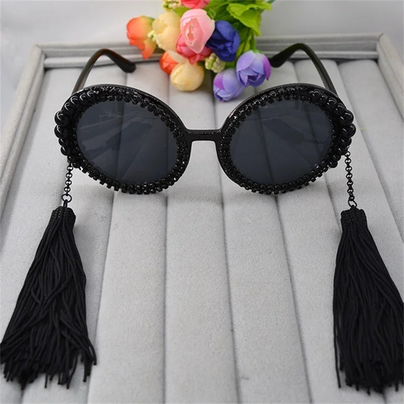 Women Tassel Pearl Rhinestones Round Sunglasses