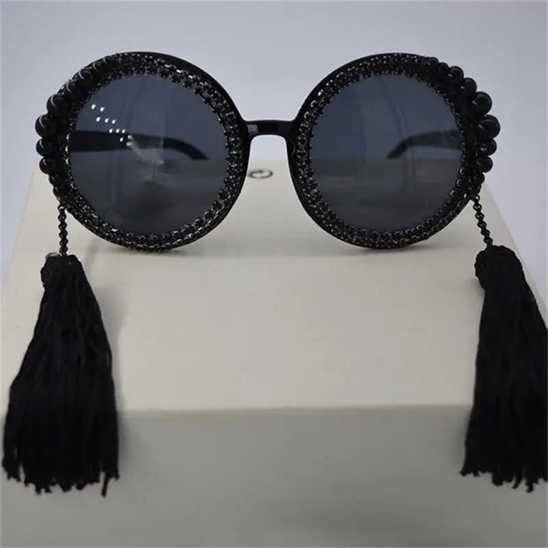 Women Tassel Pearl Rhinestones Round Sunglasses