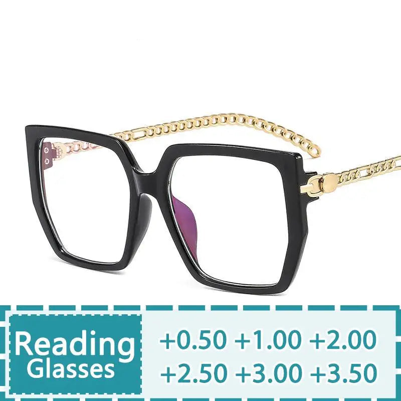 Women's Large Frame Presbyopia Glasses Metal Chain