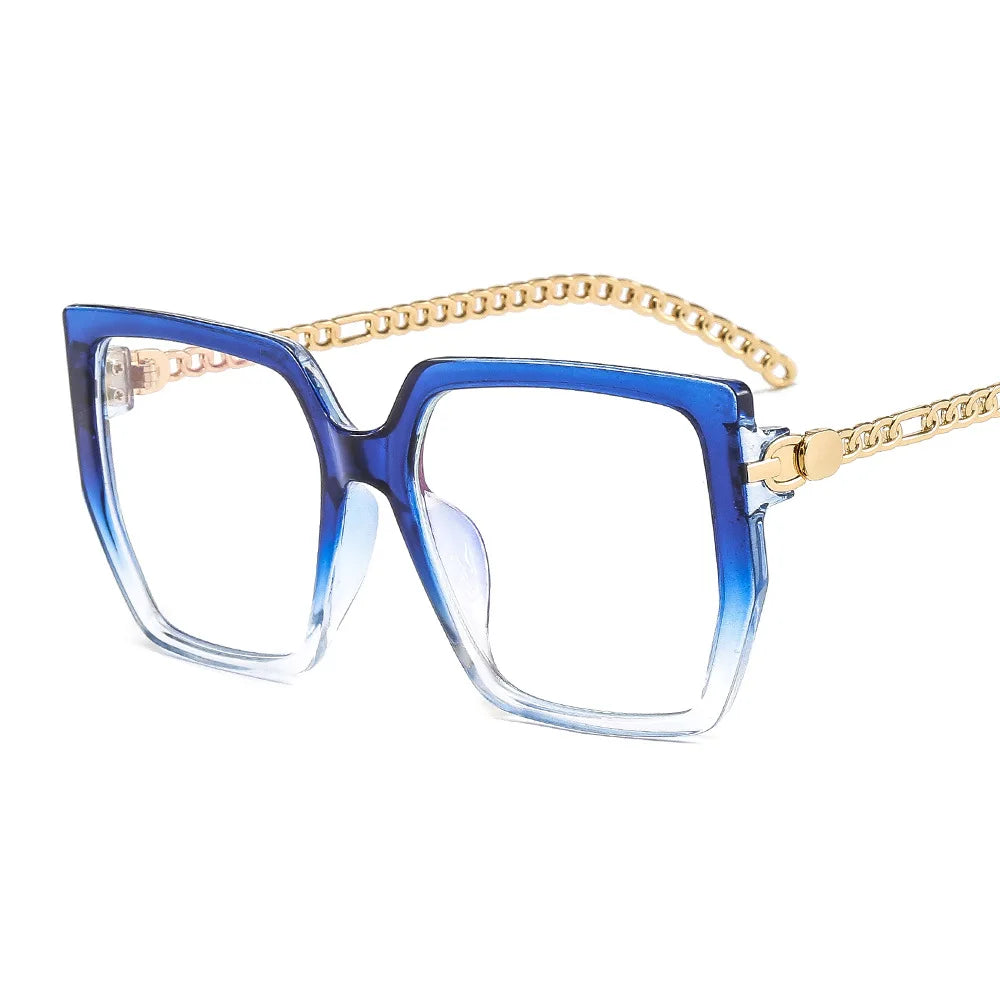 Blue Women's Large Frame Presbyopia Glasses Metal Chain