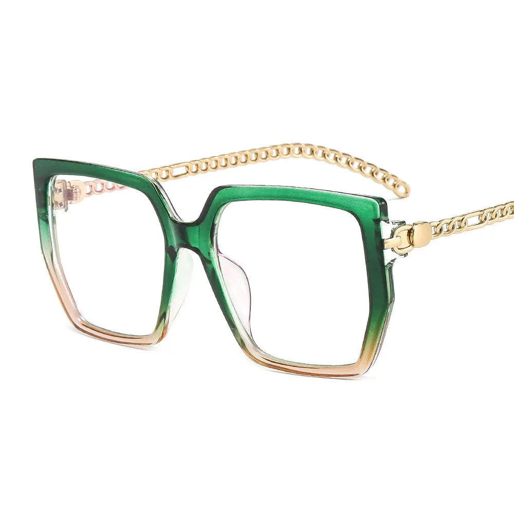 Green Women's Large Frame Presbyopia Glasses Metal Chain