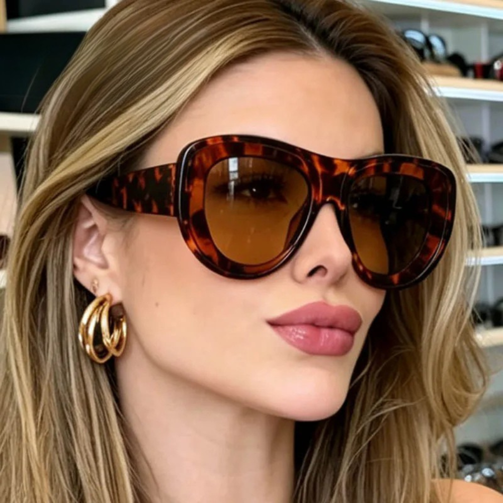Model Using Women's Thick Oversized Cat Eye Sunglasses