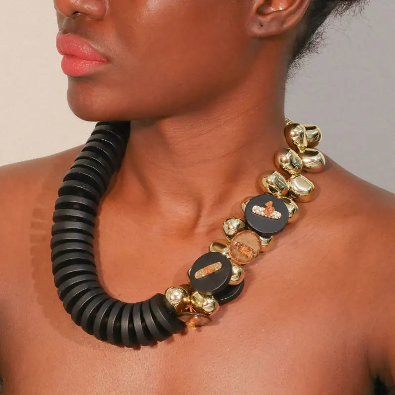Model Using Wood Beads Handmade Statement Boho Necklace
