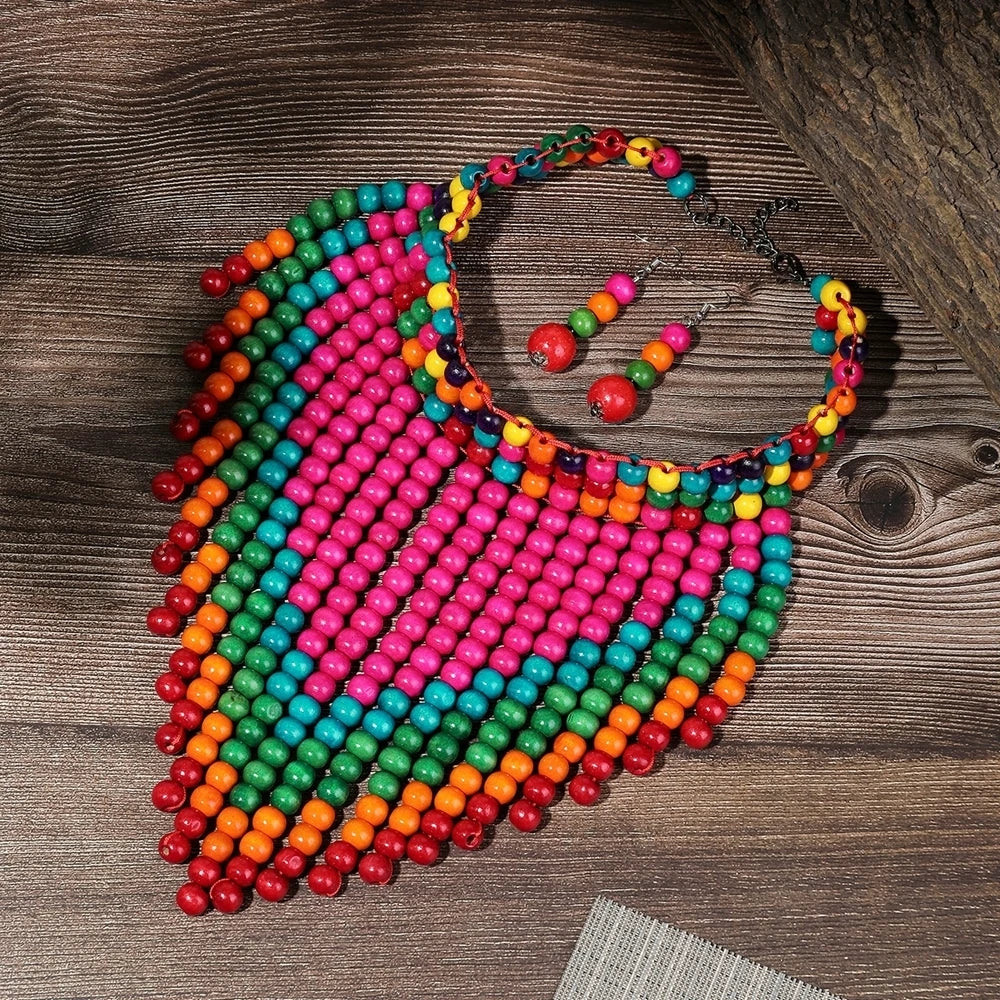 Multicolor Wooden Beaded Bib African Jewelry Set