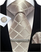Beige Woven Classic 100% Silk Pocket Square Plaid & Checks Tie