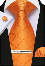 Orange Woven Classic 100% Silk Pocket Square Plaid & Checks Tie