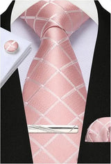 Pink Woven Classic 100% Silk Pocket Square Plaid & Checks Tie