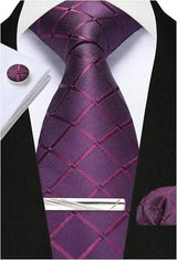 Purple Woven Classic 100% Silk Pocket Square Plaid & Checks Tie