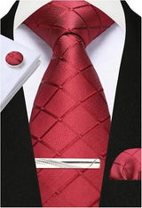 Red Woven Classic 100% Silk Pocket Square Plaid & Checks Tie