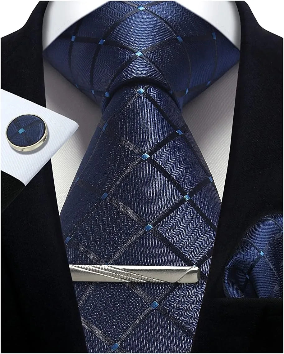 Navy Blue Woven Classic 100% Silk Pocket Square Plaid & Checks Tie