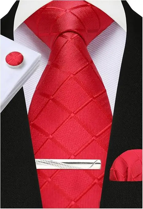 Red Woven Classic 100% Silk Pocket Square Plaid & Checks Tie