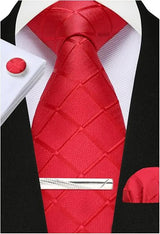 Red Woven Classic 100% Silk Pocket Square Plaid & Checks Tie