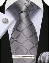 Gray Woven Classic 100% Silk Pocket Square Plaid & Checks Tie