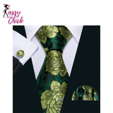 Woven Green Flower Jacquard Necktie Pocket Square Cufflinks Set Sassy Chick Logo